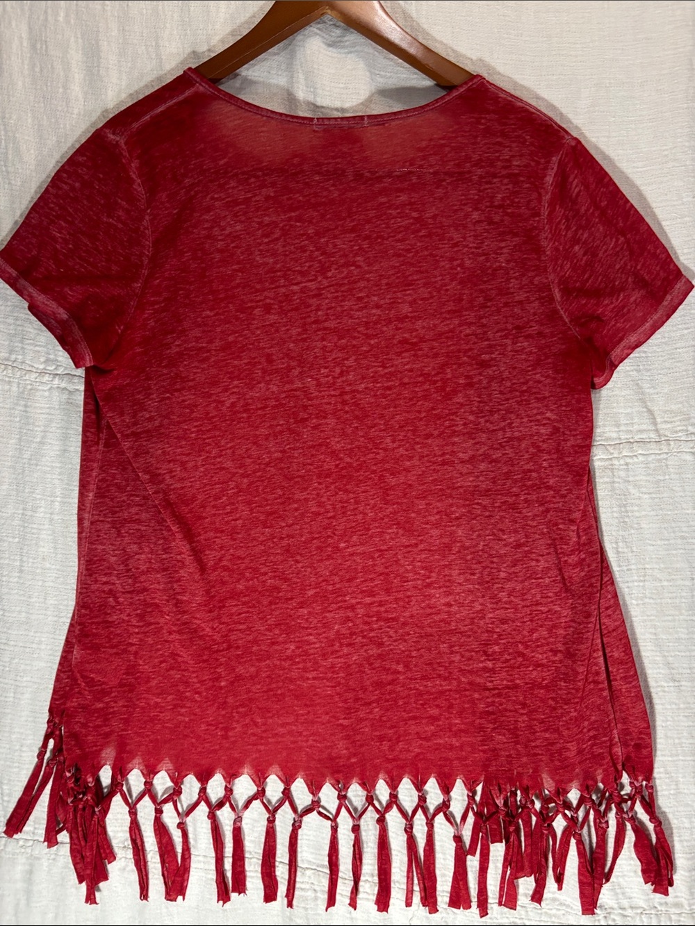 Maurices Red Short Sleeve Open Front Cardigan with Fringe Burnout Knit - Picture 12 of 13